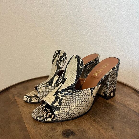 Paris Texas Snake Embossed Leather Beige Black Heeled Mules Women's Size 39 US 9 - Picture 1 of 9